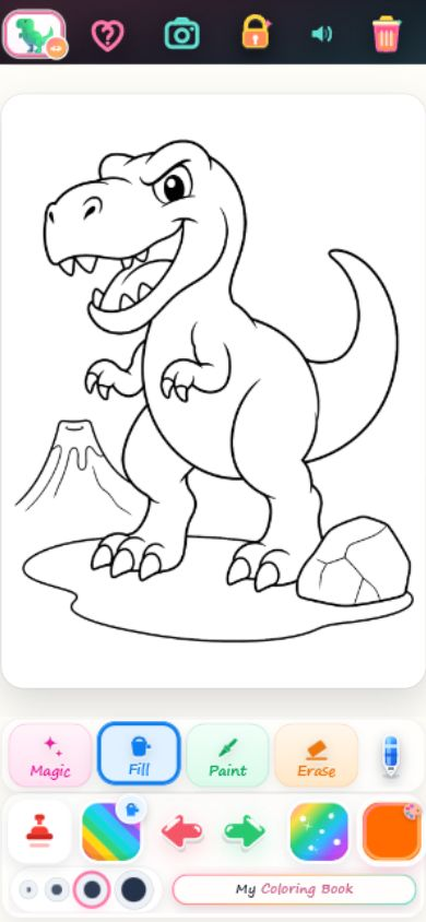 A dinosaur colouring page and creative tools