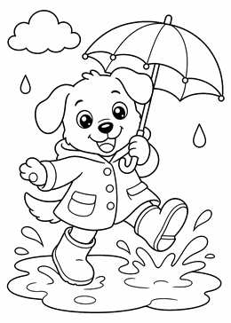 Puppy in a raincoat colouring picture